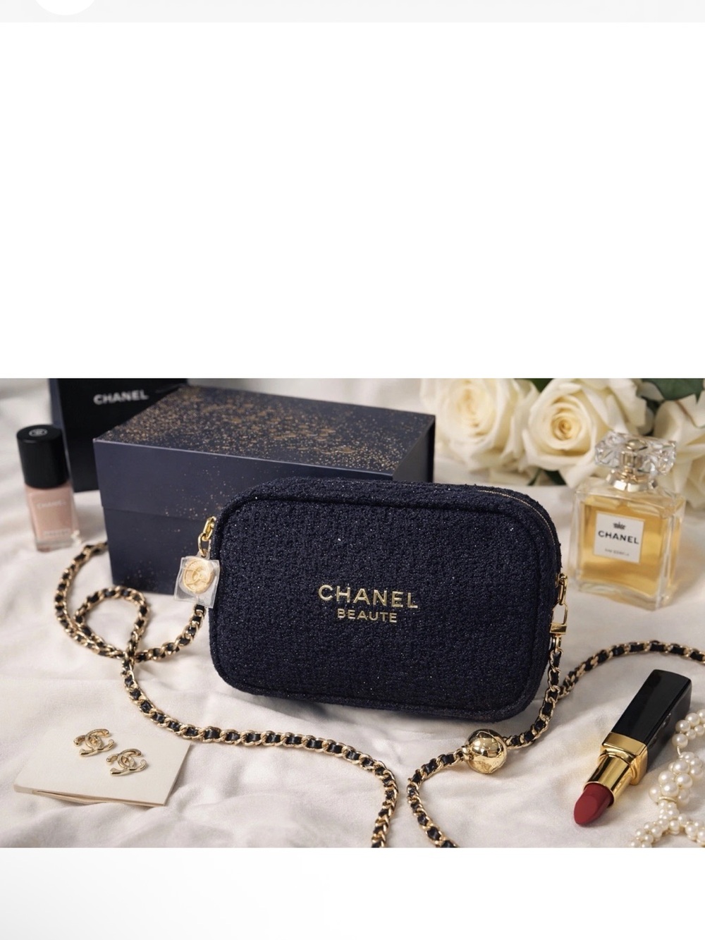 CHANEL Beauté Black Tweed Cosmetic Case with Gold Logo